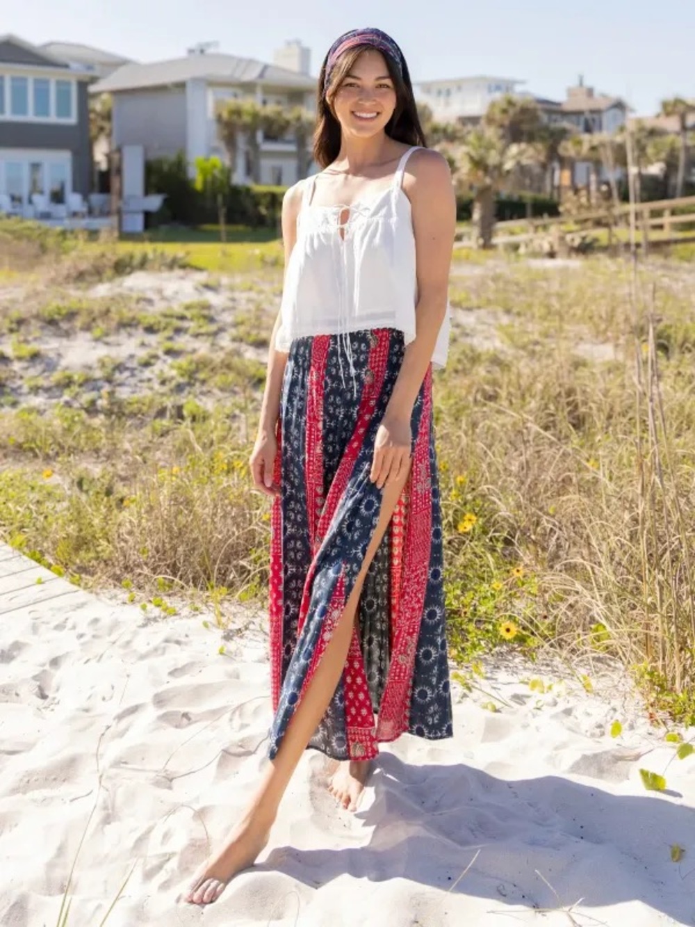 NWT Natural Life Navy and Red Hankerchief Patchwork Side Slit Boho Maxi Skirt